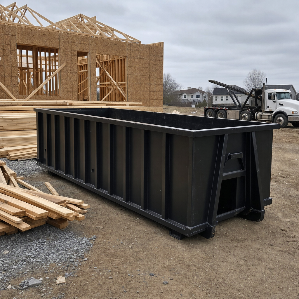 Matte-black 40-yard roll-off dumpster staged on a framed-out residential construction site in Beaumont, framing lumber stacked nearby, hooklift delivery truck visible in the background under bright Colorado daylight