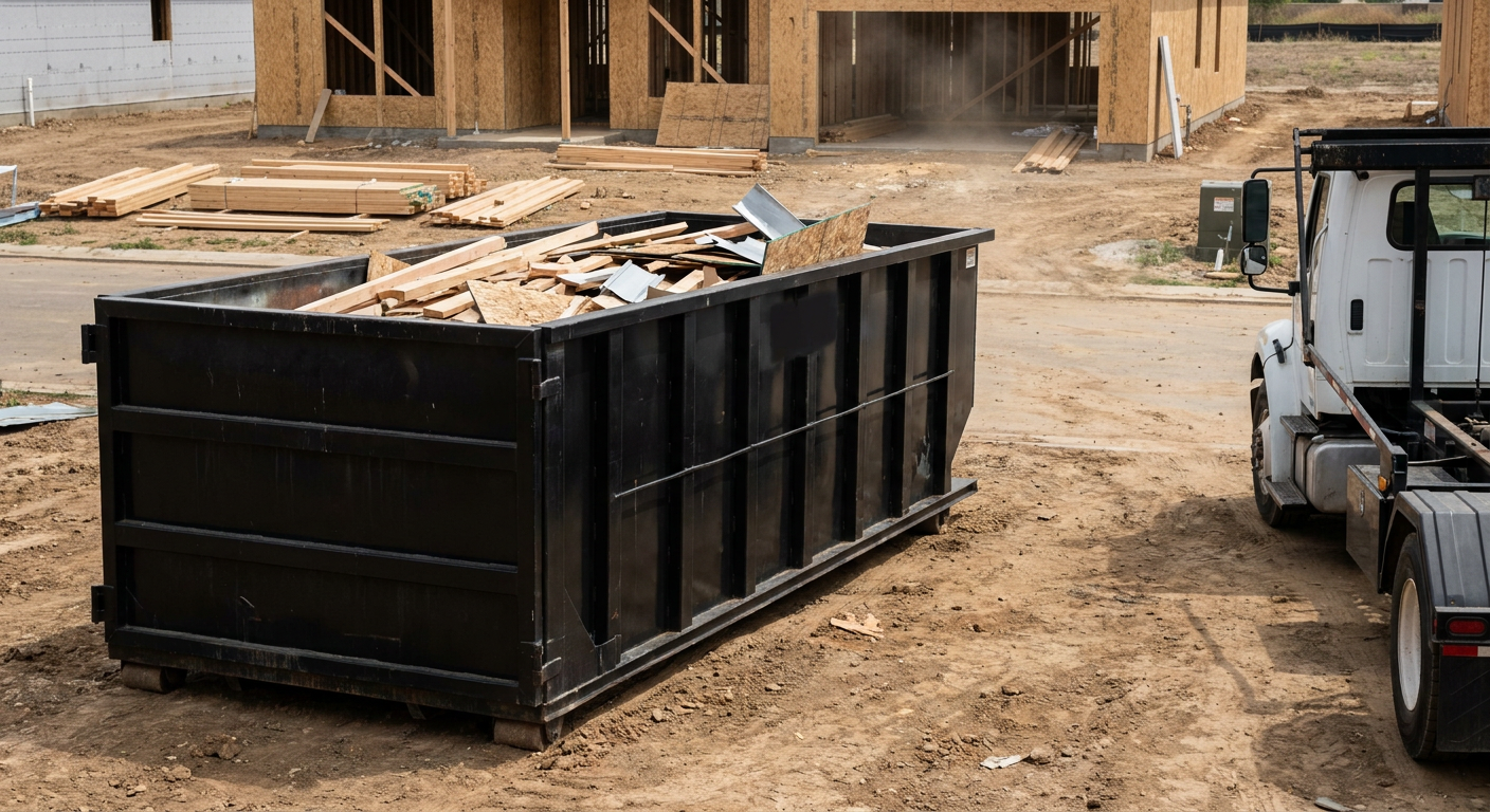 Matte-black 20-yard roll-off construction dumpster with heavy ribbed steel sidewalls and swing rear doors at a working jobsite in Beaumont, sitting directly on compacted dirt with an unmarked white hauler partially visible at the far edge of the frame.