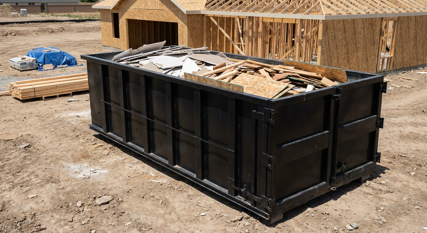 Matte-black 30-yard roll-off construction dumpster sitting directly on the compacted-dirt site of a framed single-family home build in Beaumont, drywall and lumber scrap loaded inside.