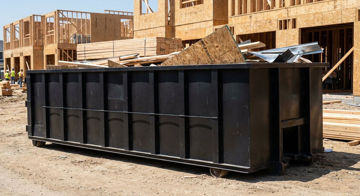 Matte-black 40-yard roll-off construction dumpster being lowered from a white-cab hooklift delivery truck onto the compacted-dirt jobsite at a commercial build site in Beaumont
