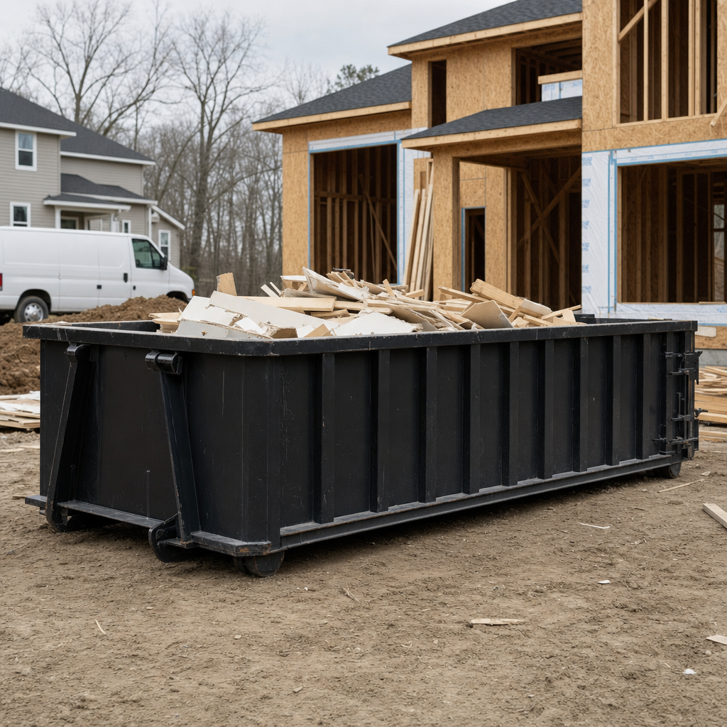 Worker in a yellow high-visibility vest tossing framing lumber and broken drywall into a matte-black 30-yard construction roll-off dumpster on an active build site in Beaumont, bright daylight