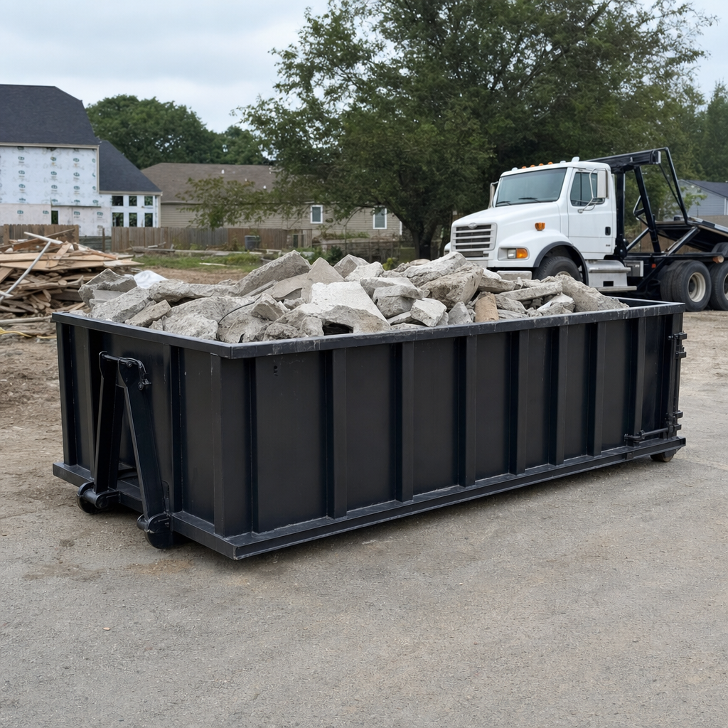 Low-profile matte-black lowboy roll-off dumpster loaded with broken concrete slab and rebar at a foundation tear-out in Beaumont, skid steer parked beside it, sunny Colorado morning