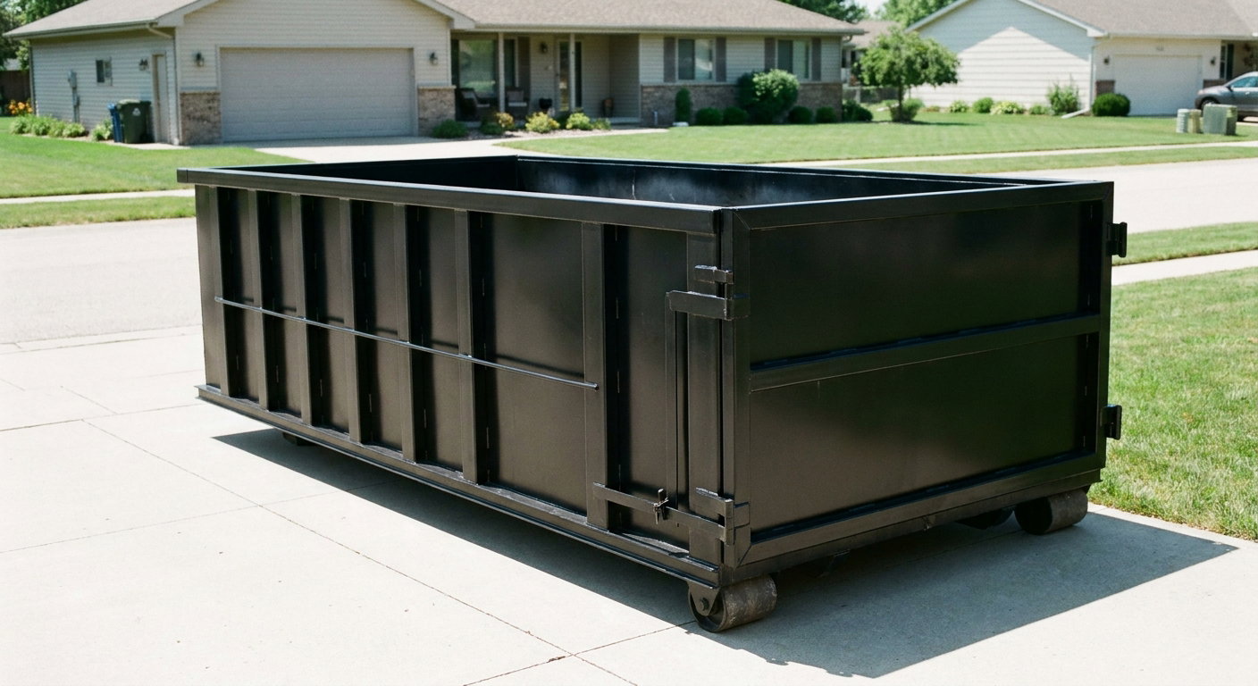 Matte-black 10-yard roll-off dumpster on a residential concrete driveway in Beaumont, uniformly painted matte black across every panel and rail, ribbed steel sidewalls and rear swing door visible, mid-day daylight.