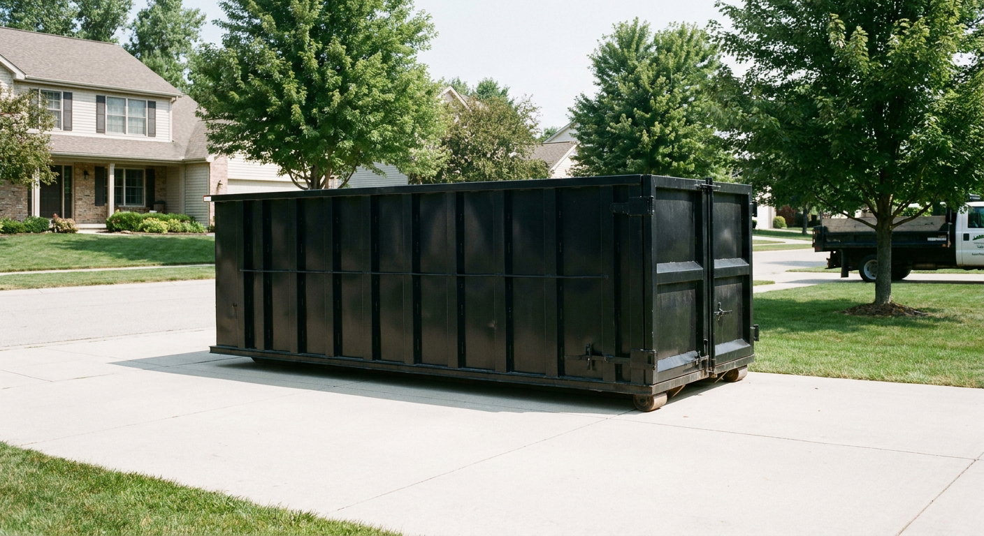 Matte-black 20-yard roll-off dumpster sitting level on a clean Beaumont residential concrete driveway under bright daylight, demonstrating clean placement directly on the concrete.