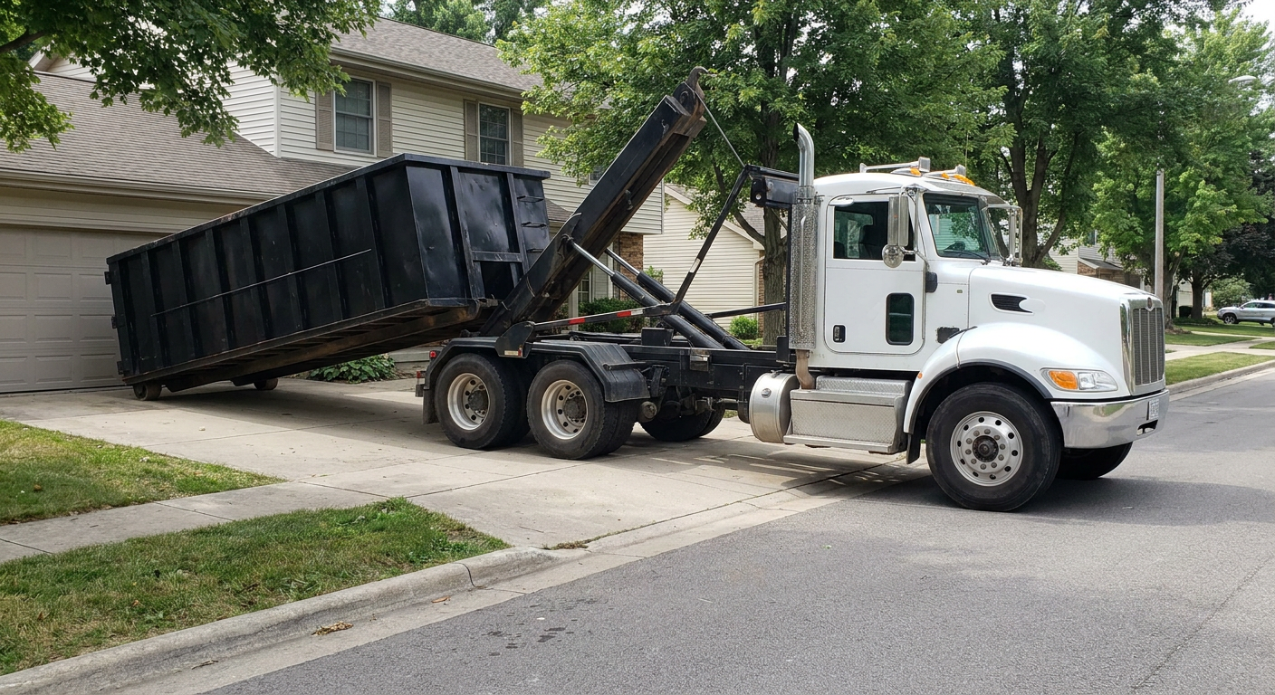 White-cab hooklift roll-off truck actively lowering a matte-black dumpster onto a Beaumont residential concrete driveway, the dumpster's rear wheels touching the driveway as the hoist arm tilts the bed forward, mid-morning daylight.