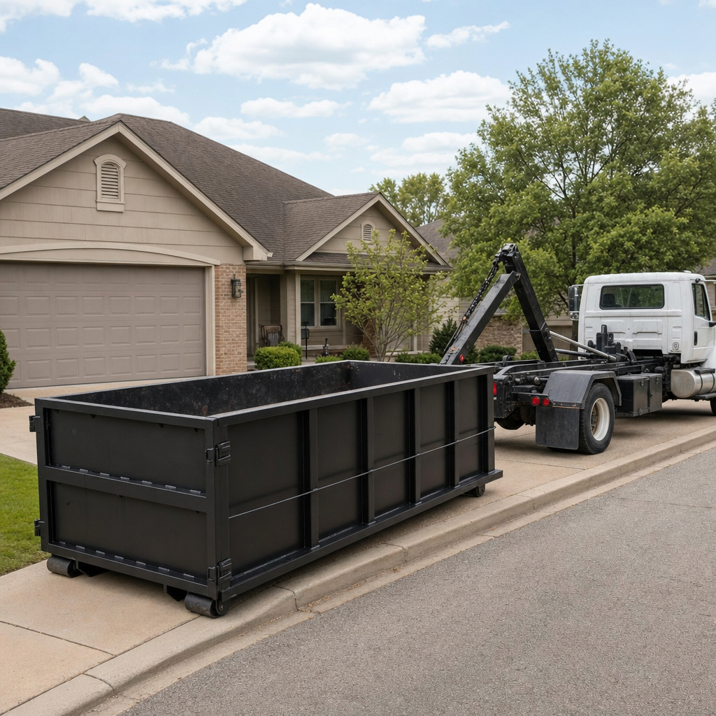 Wide documentary shot of a matte-black roll-off dumpster on a Beaumont residential driveway in the foreground and a contractor jobsite container in the soft-focus background, bright daylight, calm and orderly composition.
