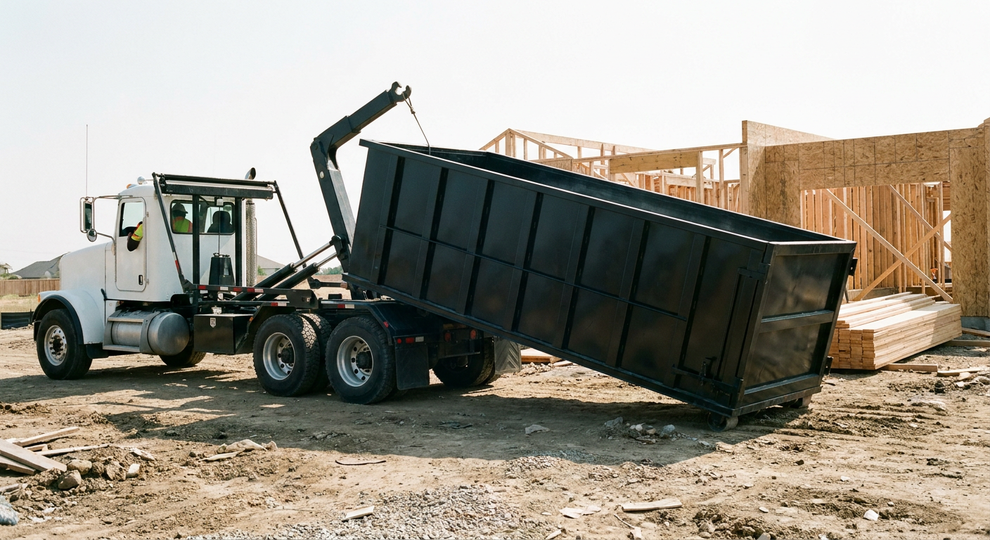 Matte-black roll-off dumpster being delivered onto a clean residential concrete driveway in Beaumont by an unmarked white hooklift hauler truck, bright morning daylight, documentary 35mm perspective.