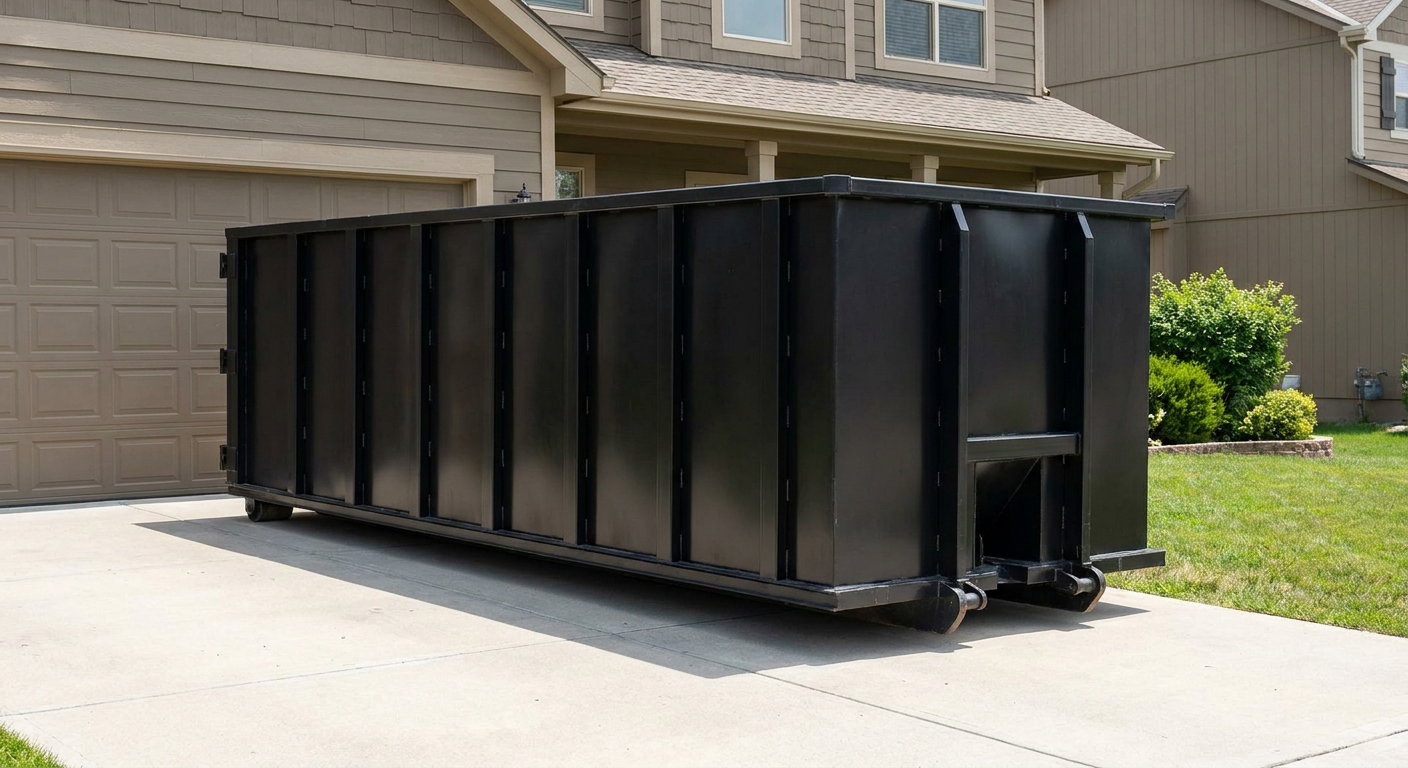 Matte-black residential roll-off dumpster sitting directly on a suburban Beaumont concrete driveway, garage door closed, single-family home in background, bright morning daylight.