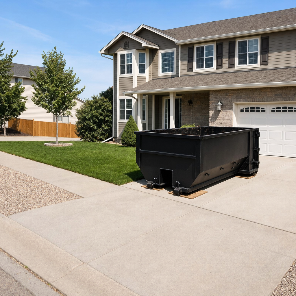 10-yard matte-black residential dumpster placed directly on a narrow Beaumont concrete driveway, room remains for a parked sedan beside it, mid-morning natural light