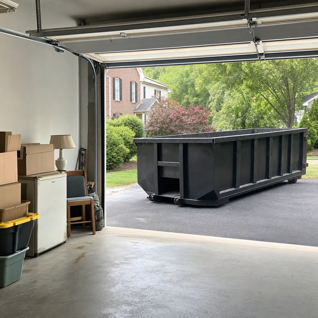 Open garage interior in a Beaumont home mid-cleanout — boxed items, an old appliance, and stacked yard tools queued near the driveway for a matte-black roll-off dumpster, organized and calm