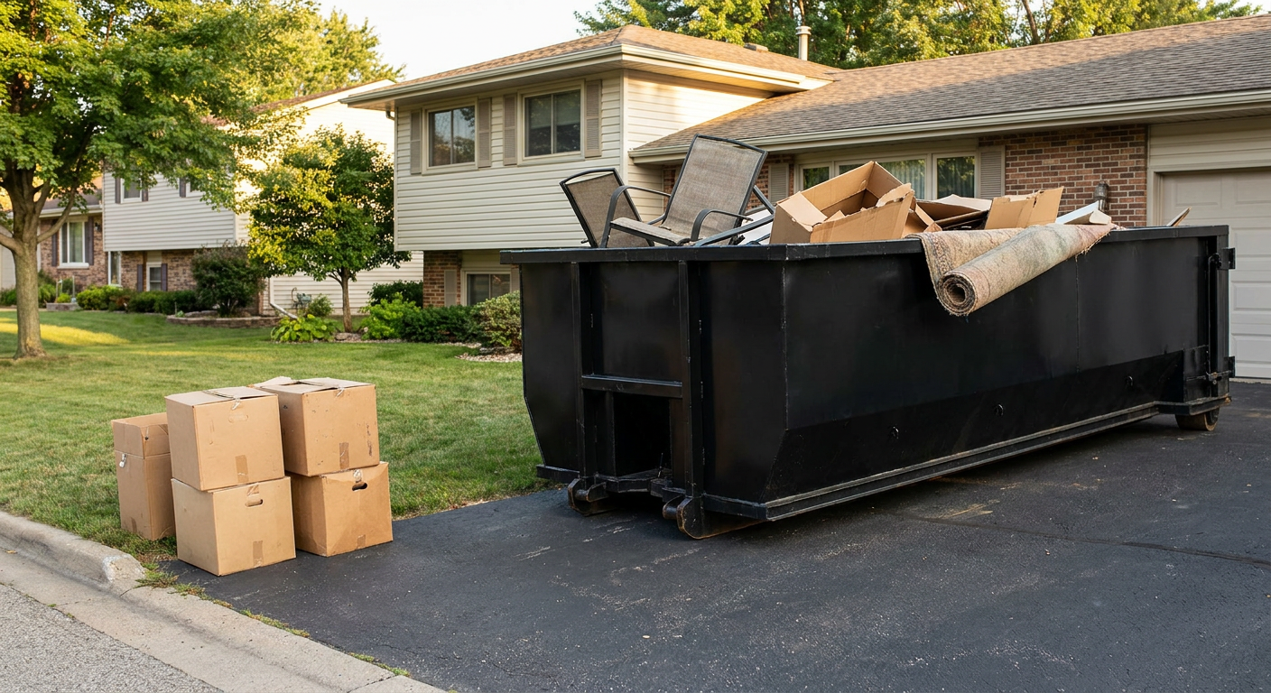 Front-yard view of a Beaumont split-level home with a 20-yard matte-black roll-off dumpster sitting directly on the asphalt driveway, a few clearly labeled donation boxes staged at the curb, calm sunny afternoon.