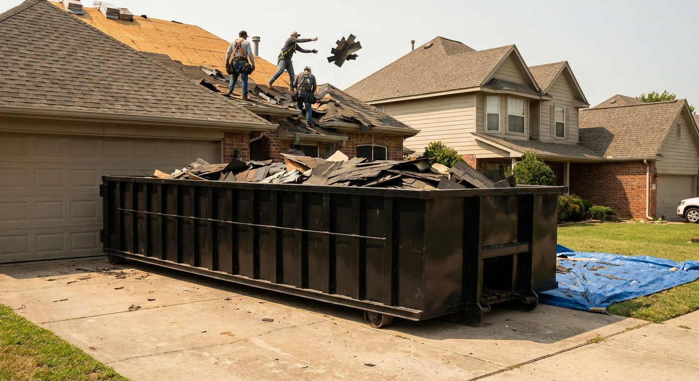 Matte-black roofing roll-off dumpster placed directly on a Beaumont residential concrete driveway, a tear-off crew on a two-story asphalt-shingle roof tossing shingle bundles into the low-walled container, bright daylight, documentary 35mm perspective.