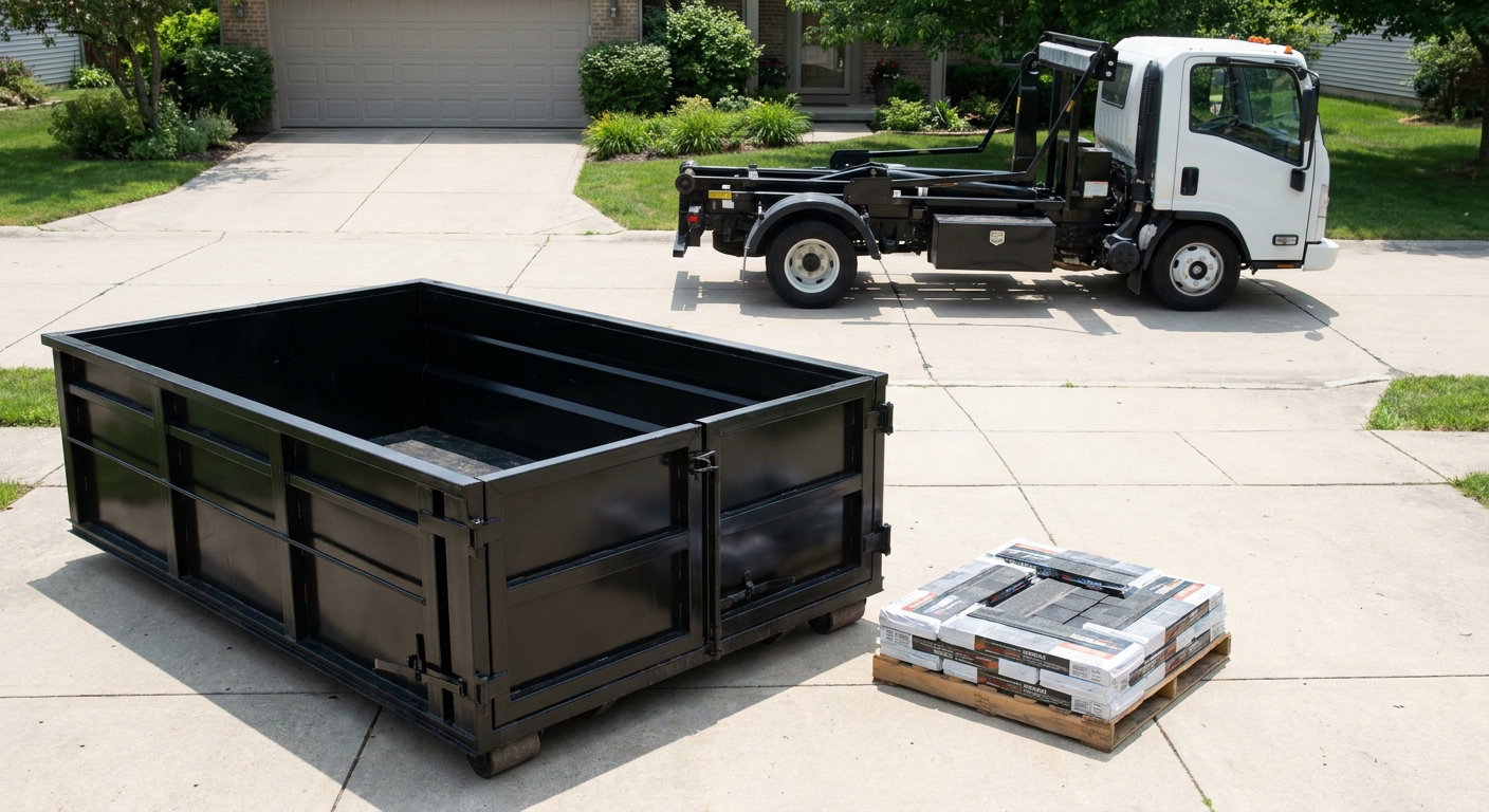 Matte-black 15-yard roofing roll-off dumpster with reinforced low side walls sitting directly on a Beaumont residential concrete driveway, three-tab asphalt shingle bundles stacked nearby, an unmarked white hauler truck partially visible at the edge of the frame.