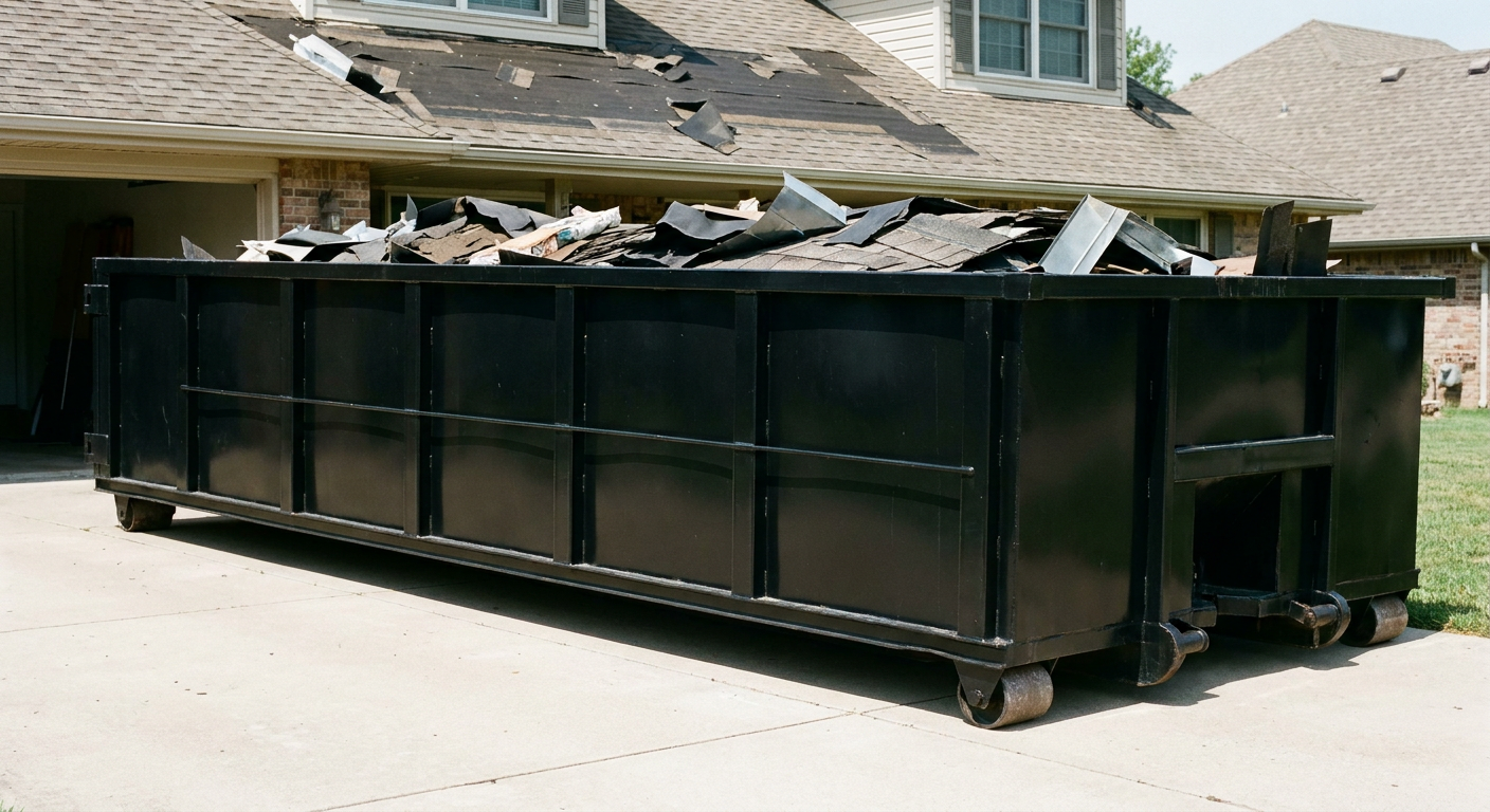 Matte-black 20-yard roofing roll-off dumpster with steel ribbed sides and swinging rear door, sitting directly on the concrete driveway of a two-story Beaumont home, asphalt shingle debris being loaded over the low wall, clean documentary lighting.