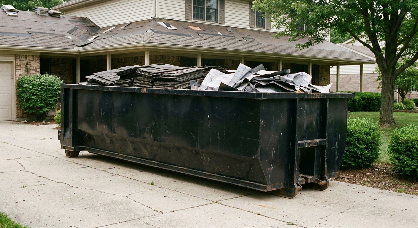 Matte-black 30-yard roofing roll-off dumpster sitting directly on a Beaumont concrete driveway, taller ribbed steel side panels, mixed tear-off debris of asphalt shingles and underlayment inside, professional documentary daylight.