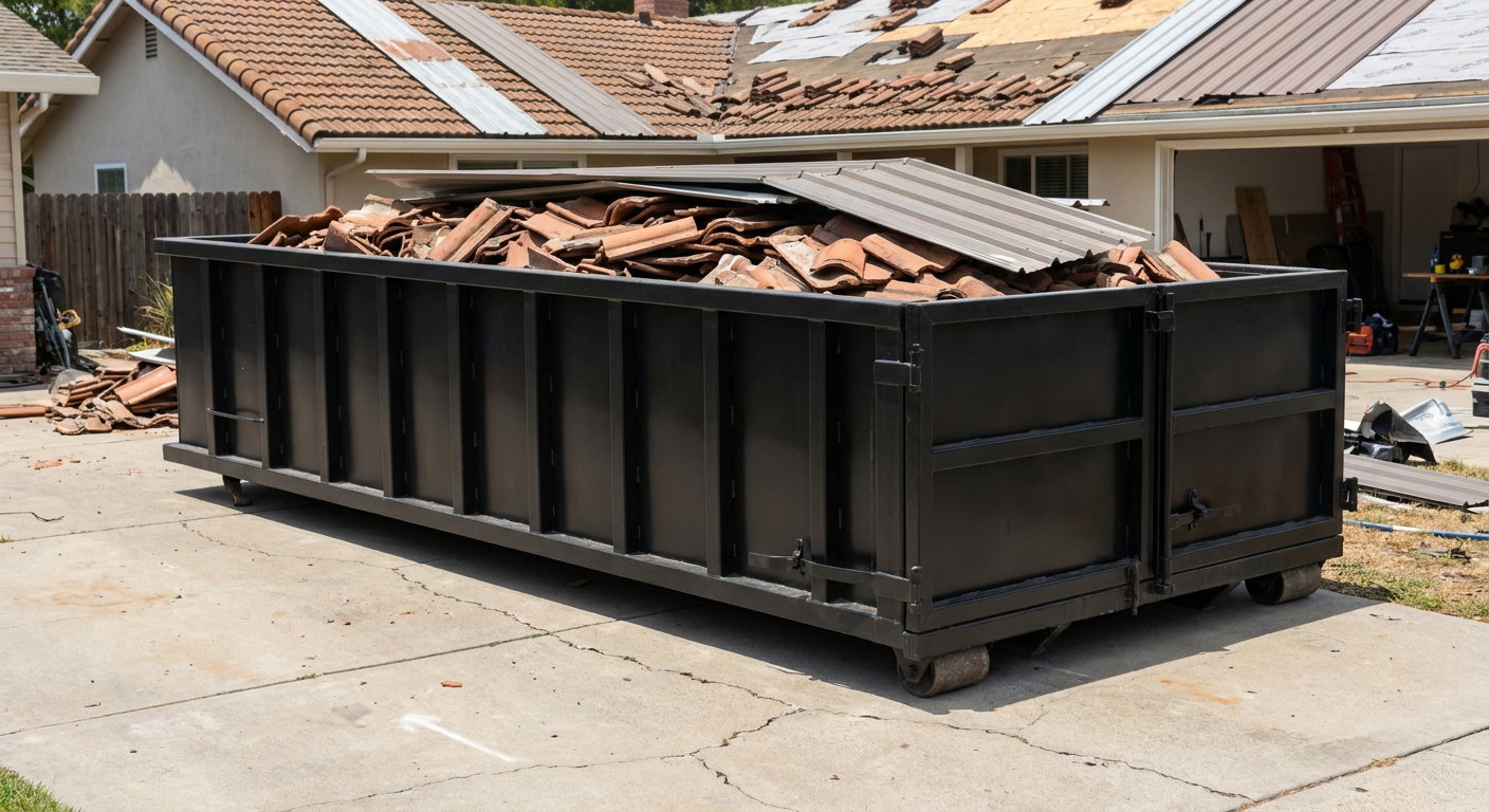 Matte-black low-wall heavy-debris roofing roll-off dumpster sitting directly on a Beaumont concrete driveway, broken concrete clay roof tiles and metal panel sections loaded inside, reinforced ribbed steel side walls visible, bright outdoor daylight.