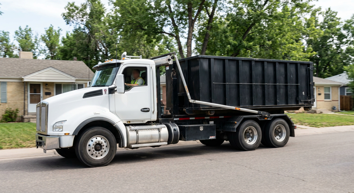 A wide documentary shot of a matte-black roll-off delivery truck pulling onto a quiet Beaumont residential street at mid-morning, with neighborhood rooftops and tree-lined blocks visible behind, showing the metro coverage footprint.