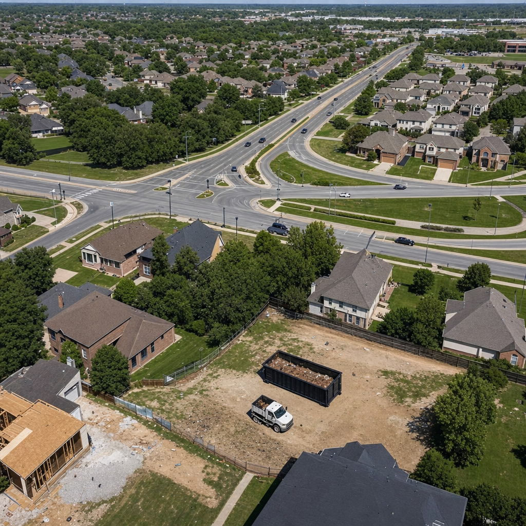 An overhead documentary view of the Beaumont metro area at midday, showing the spread of neighborhoods, arterial roads, and the dispatch radius from a central yard — clean daylight, organized geographic layout.