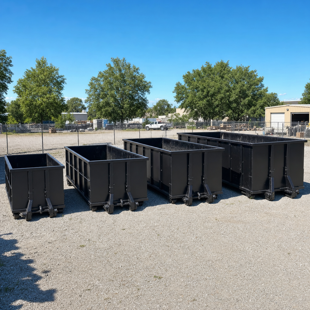 A clean lineup of matte-black roll-off dumpsters in 10, 20, 30, and 40-yard sizes staged on a sunlit gravel yard in Beaumont, showing the size progression from compact to commercial-scale containers.