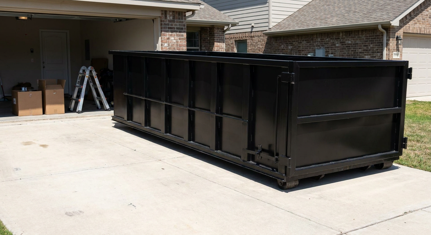A matte-black 10-yard roll-off dumpster sitting directly on a residential Beaumont concrete driveway, mid-day sunlight, clean and ready for a garage cleanout.