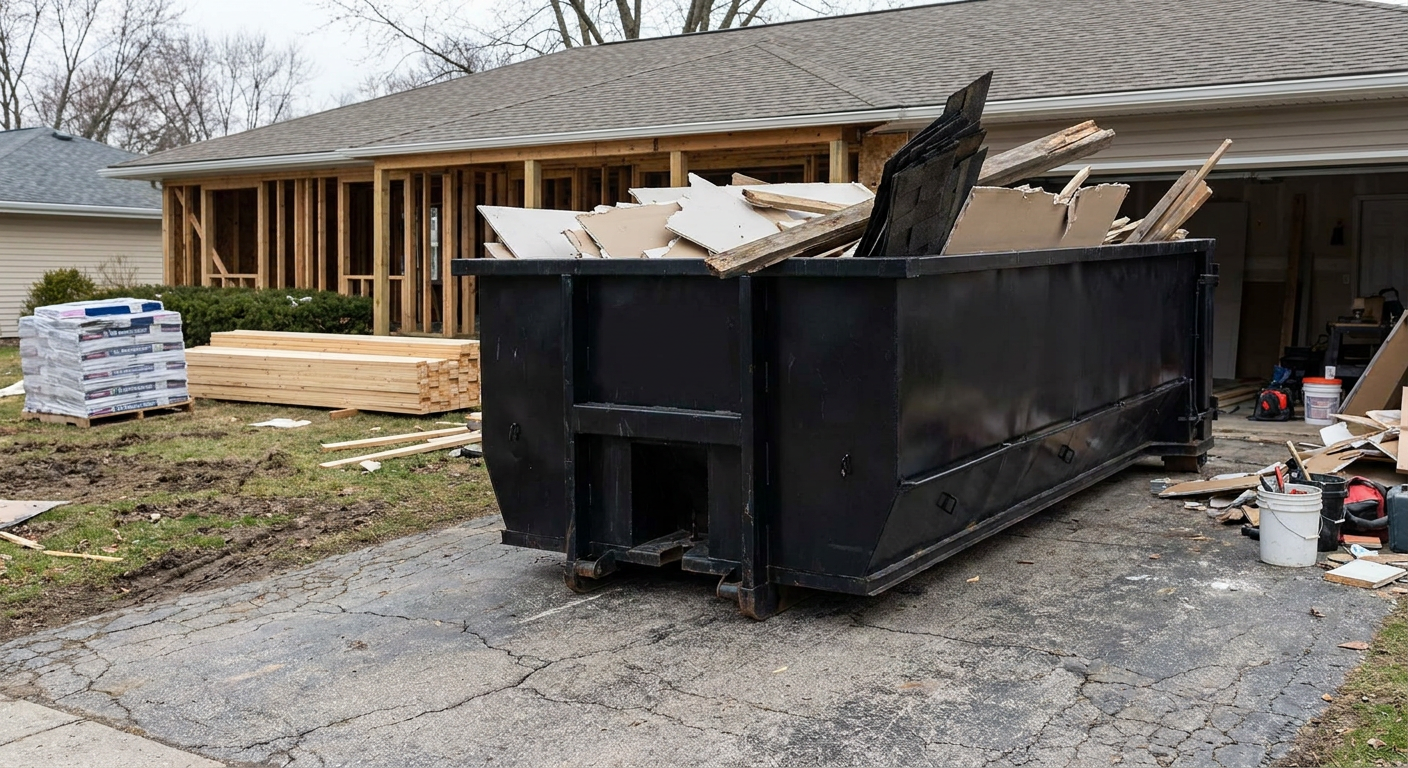 A matte-black 20-yard roll-off dumpster placed alongside a mid-renovation Beaumont home directly on the asphalt driveway, with framing materials and torn-off shingles staged neatly nearby.