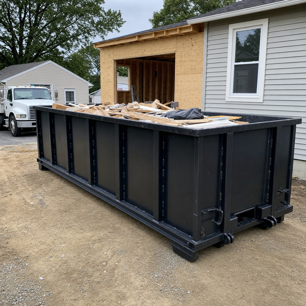 A matte-black 30-yard roll-off dumpster positioned at a Beaumont residential addition jobsite, with framing lumber and drywall scraps loaded through the open swinging rear doors.
