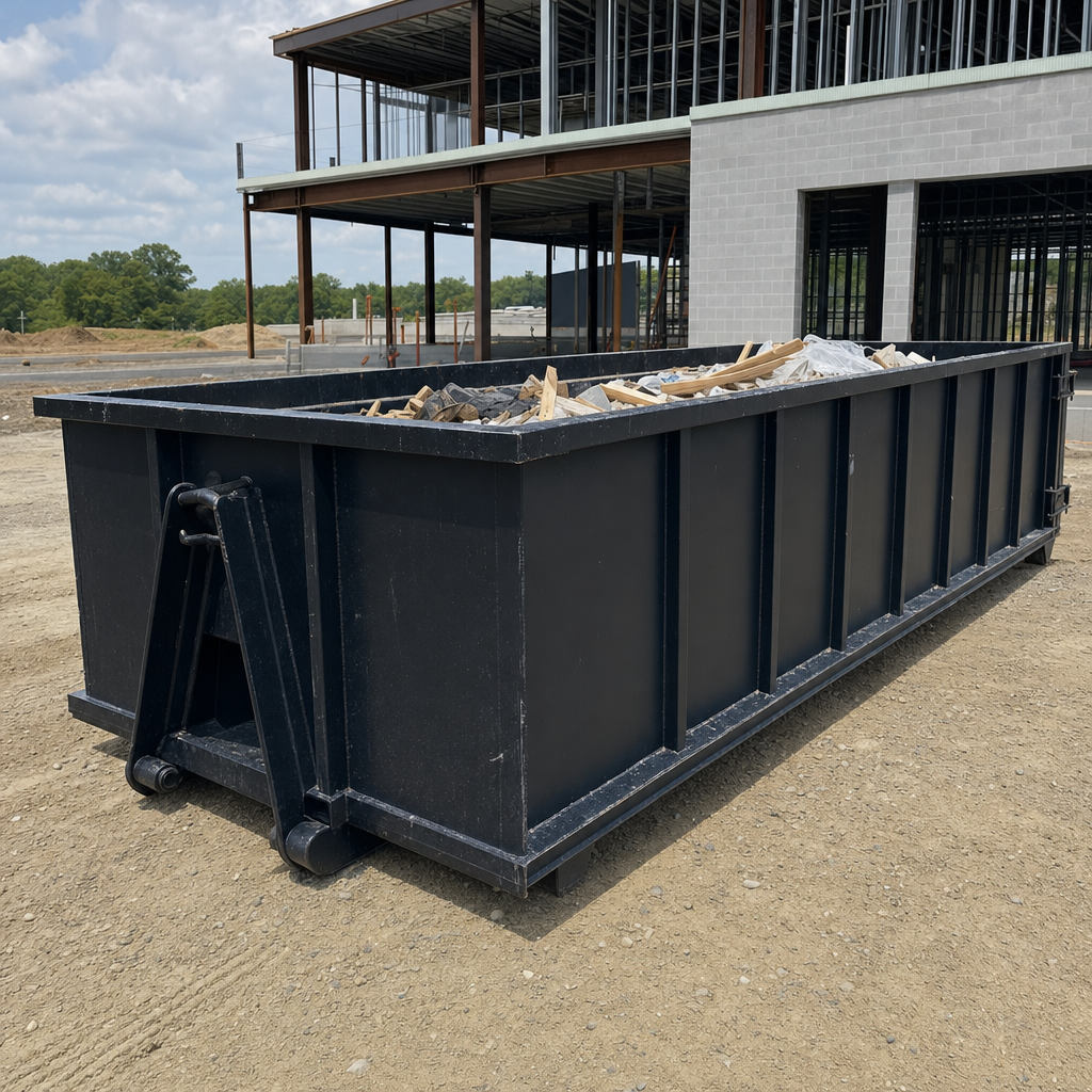 A matte-black 40-yard roll-off dumpster staged on a large Beaumont commercial construction lot, with a hooklift delivery truck parked alongside under bright midday sky.