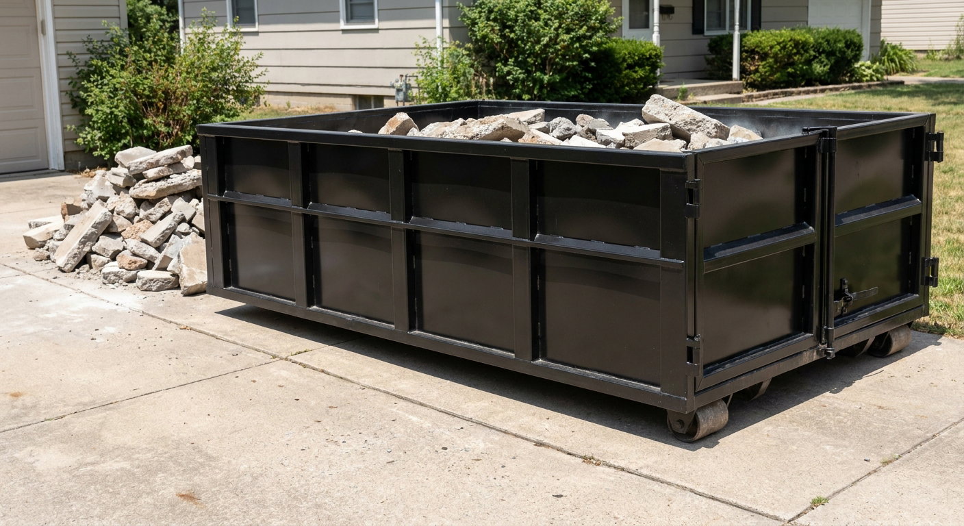 A matte-black low-side heavy-debris roll-off dumpster placed directly on a Beaumont concrete driveway, with broken concrete chunks neatly stacked beside it under clean daylight.